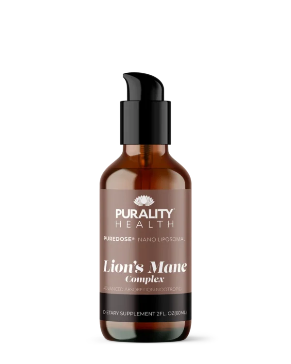 Single bottle of Purality Health Nano Liposomal Lion's Mane Complex on white background