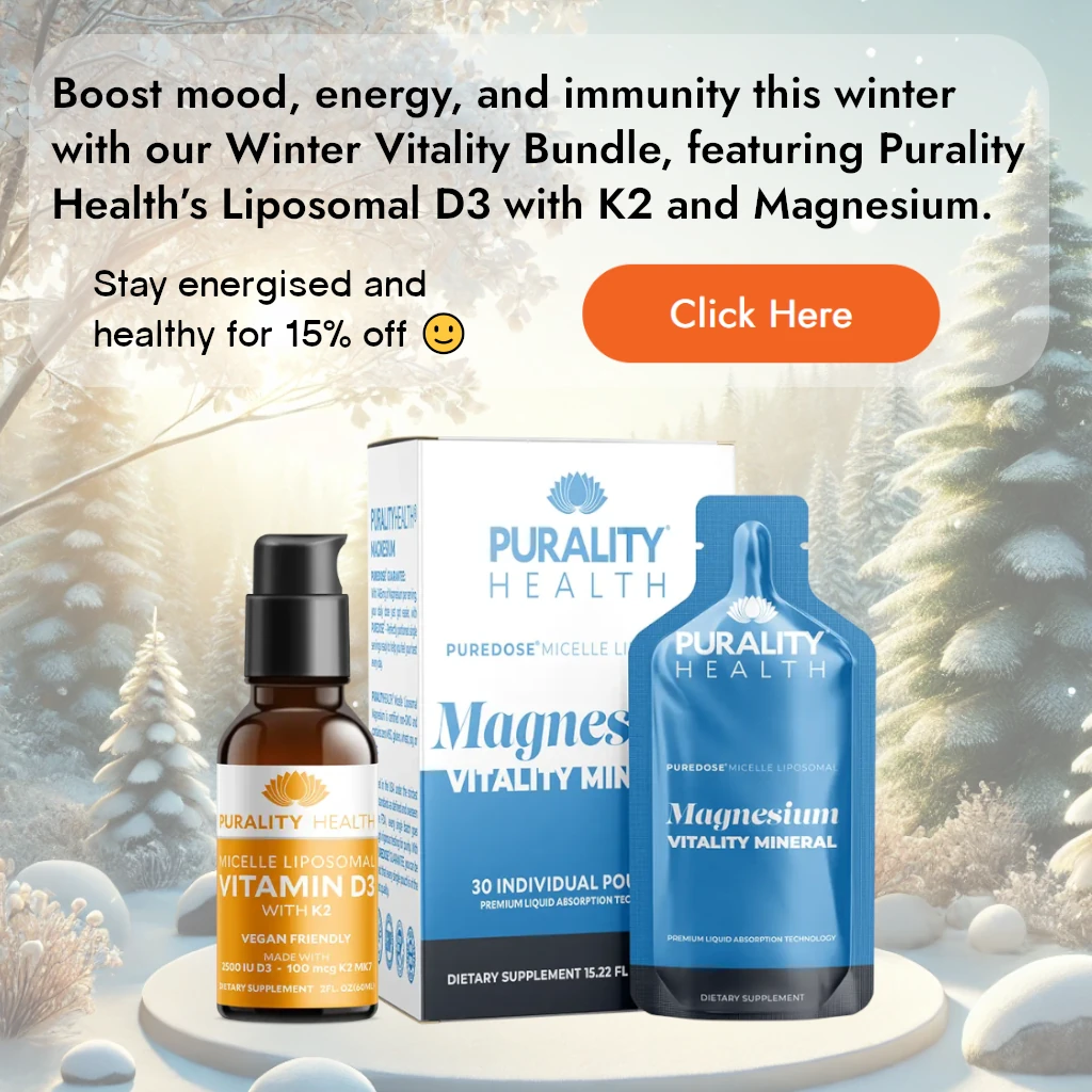 Promotional image of Winter Vitality Bundle by Purality Health, featuring Micelle Liposomal Vitamin D3 with K2 and PureDose Micelle Liposomal Magnesium. Set against a winter landscape background with snow-covered trees, the bundle is designed to boost mood, energy, and immunity, supporting Seasonal Affective Disorder (SAD) with enhanced absorption through advanced liposomal technology.