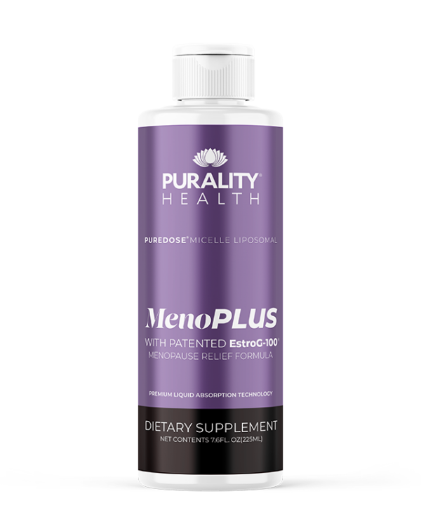 Purality Health MenoPLUS bottle - liposomal hormone-free menopause relief supplement with EstroG-100, chocolate-flavoured formula for natural symptom support. Available in the UK from Purality Health Europe, Official Purality Health UK and EU Supplier