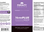 Purality Health MenoPLUS supplement label - Liposomal Menopause Relief Formula with EstroG-100, vitamin D3, K2, B12, iodine, silica, and red clover, hormone-free and gluten-free.